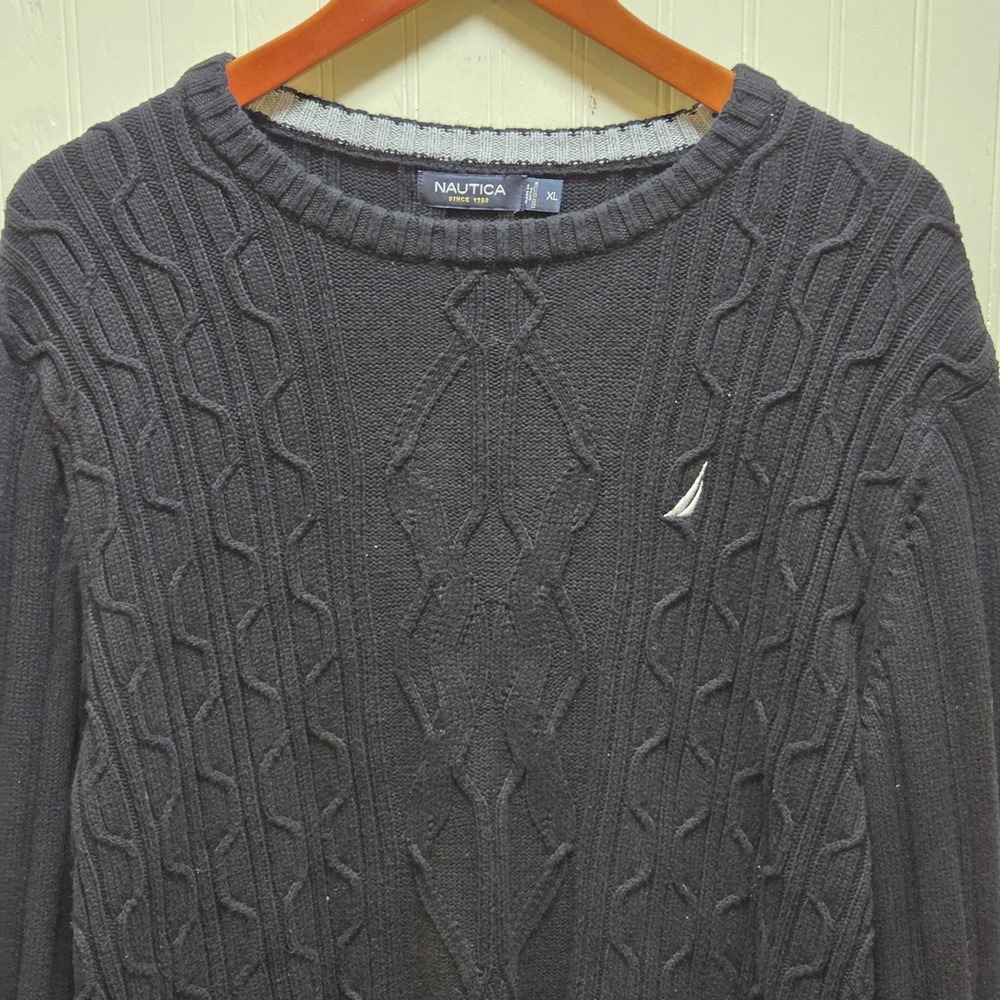 Nautica Sweater Mens XL Blue Cable Knit 100% Cotton Crewneck Pullover Logo